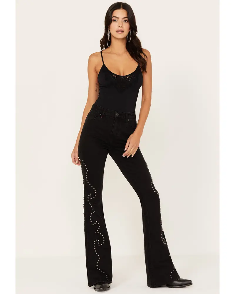 Alameda High Risin Studded Stretch Flare Jeans 1
