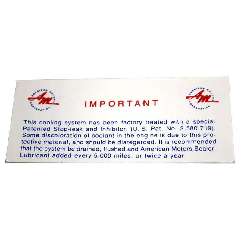 Anti-Freeze Decal, 1961-64 Rambler, Amc 1