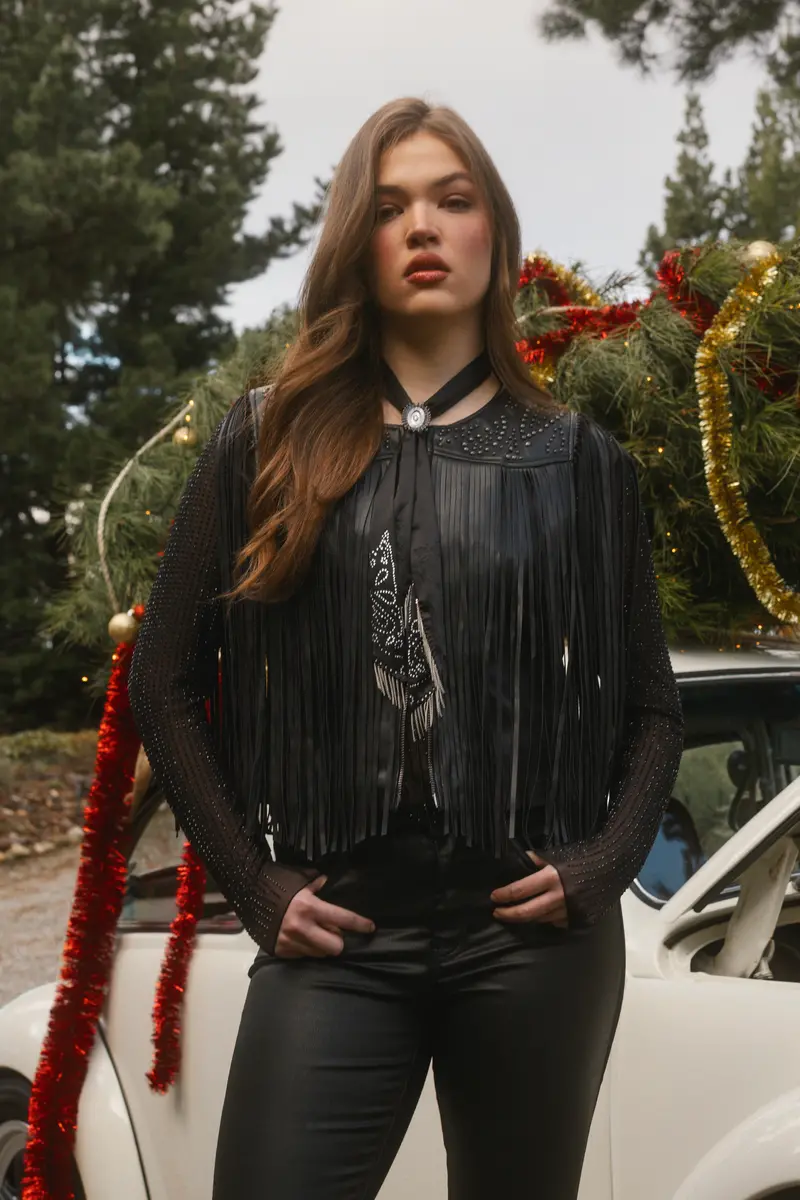 Arlene Studded And Fringe Faux Leather Vest 1