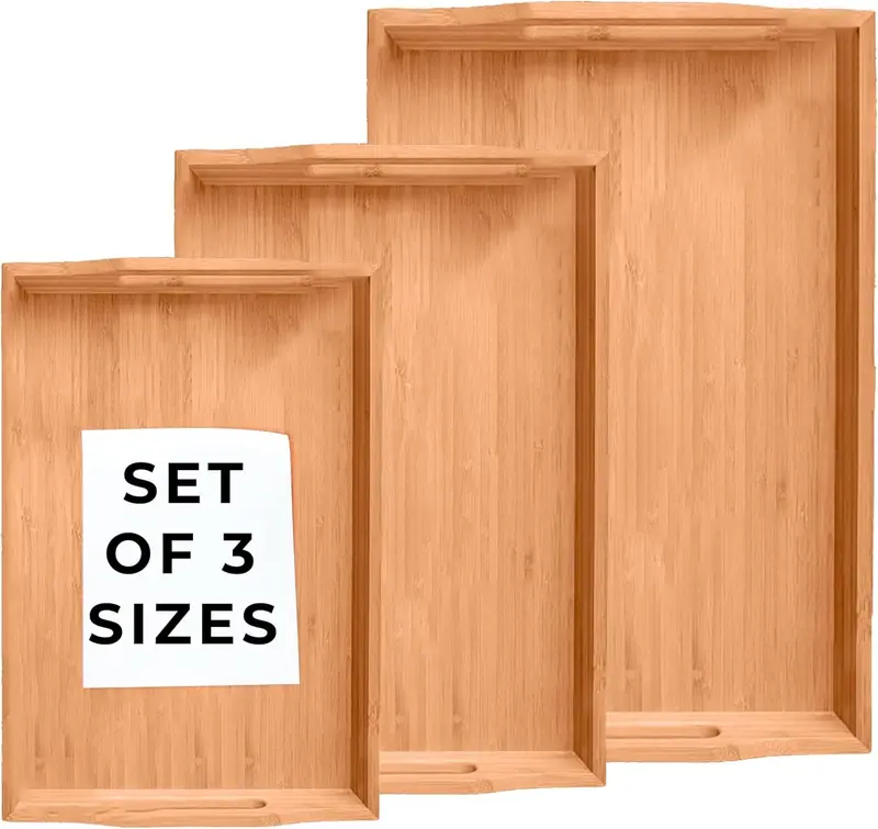 Bamboo Wood Spa-Serving Tray With Handles (Set Of 3 Sizes) 1