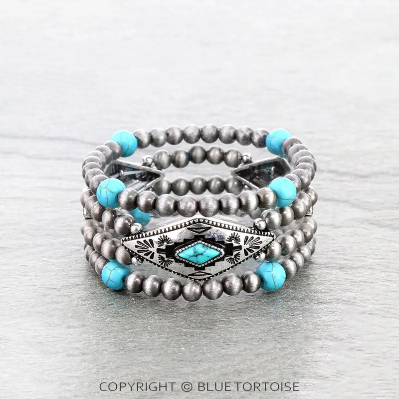 Blue Tortoise Navajo Style Pearl With Aztec Stone Stackable Bracelets - Bb02553 1