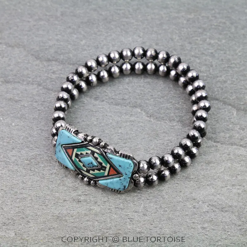Blue Tortoise Western Aztec Print Bar Stretch Bracelet - Bb03805 1