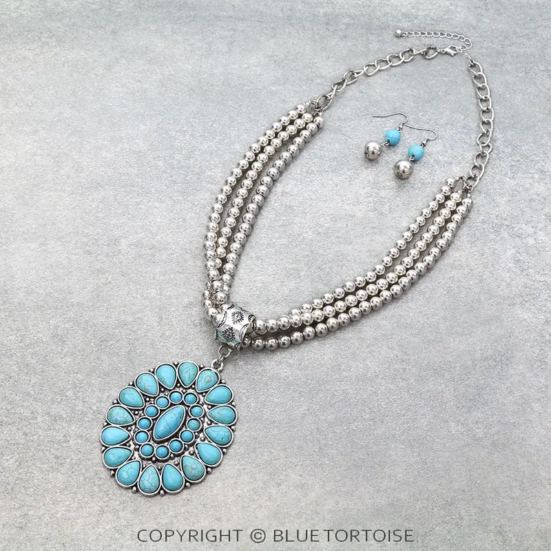 Blue Tortoise Western Concho Pendant Layered Necklace Set - Sjne1916 1