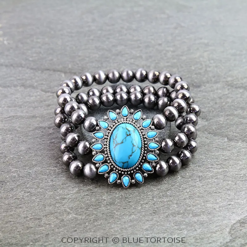 Blue Tortoise Western Concho Stone Stretch Bracelet - Khb0190 1