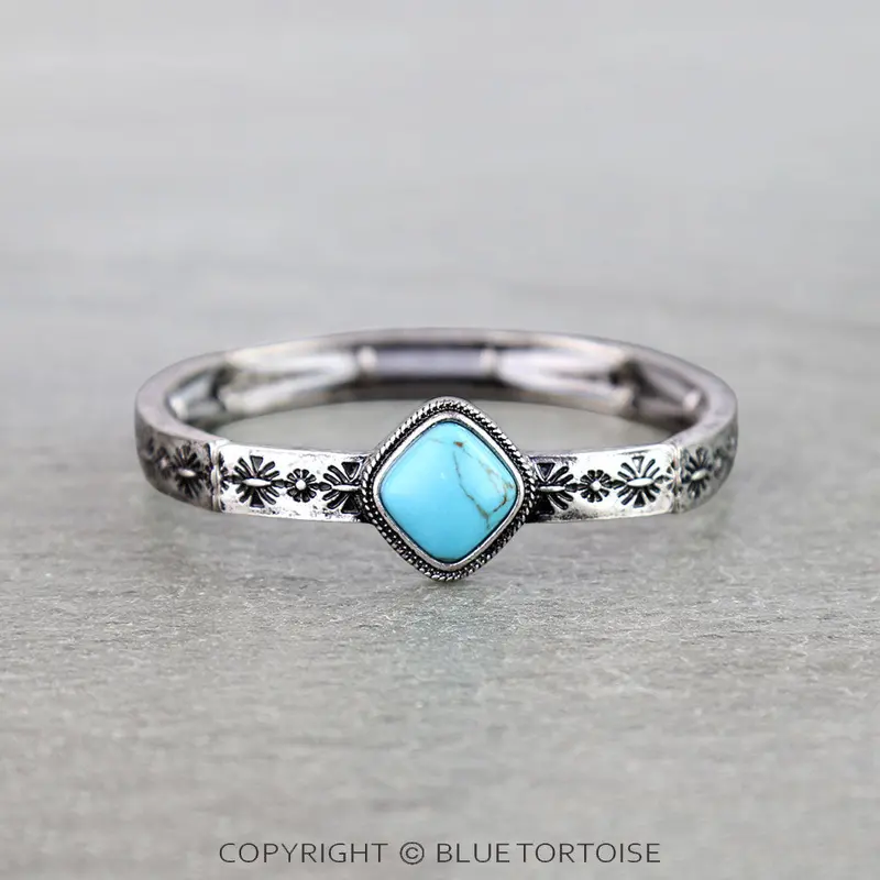Blue Tortoise Western Flower Etched Stone Stretch Bracelet - Khb0109 1
