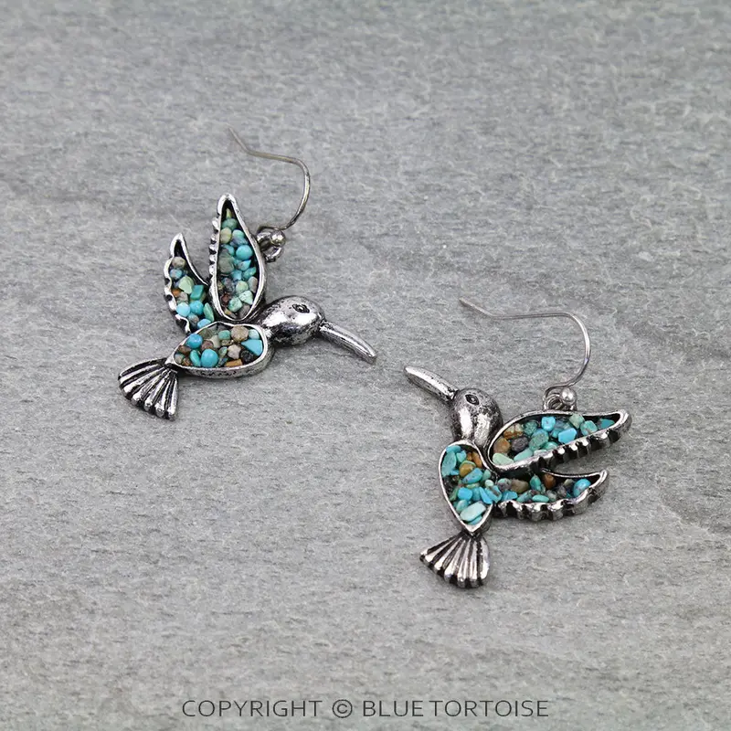 Blue Tortoise Western Hummingbird Chip Stone Dangle Earrings - Ae8828 1
