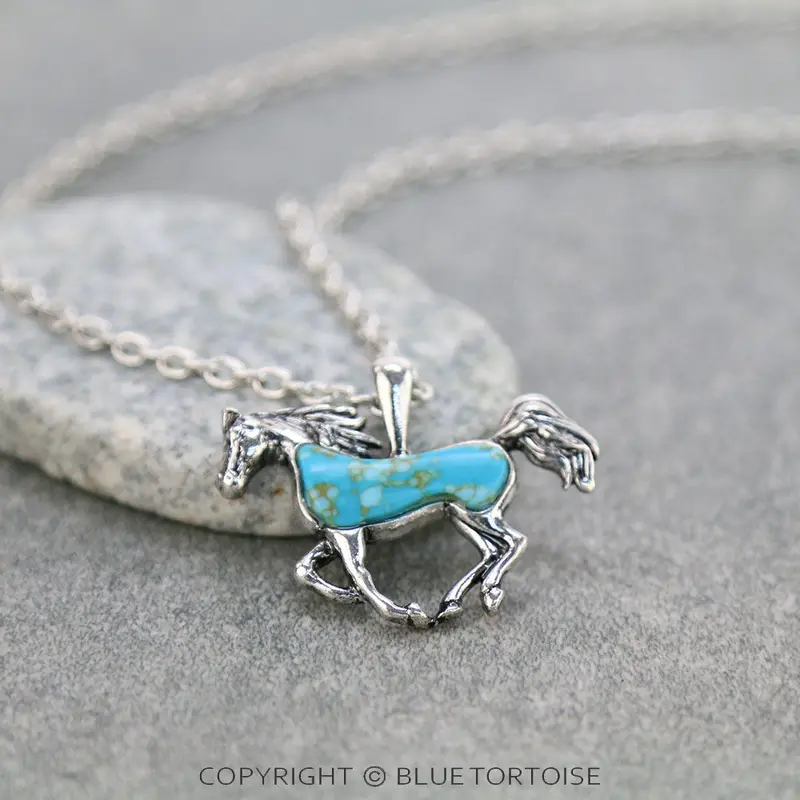 Blue Tortoise Western Running Horse Stone Necklace - An2790 1