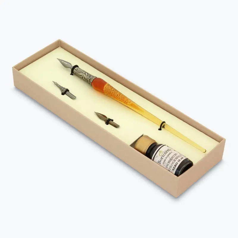 Bortoletti - Calligraphy Pen Set - Murano Glass - Gold - Amber 1