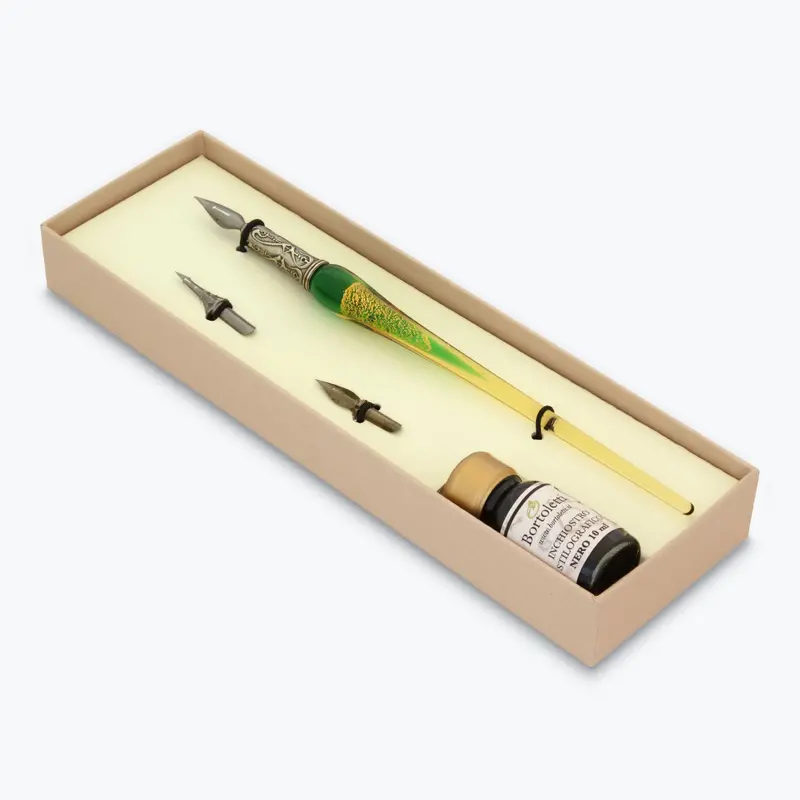Bortoletti - Calligraphy Pen Set - Murano Glass - Gold - Green 1