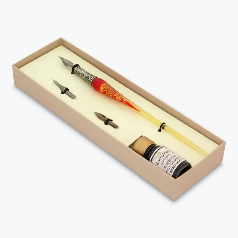 Bortoletti - Calligraphy Pen Set - Murano Glass - Gold - Red 1