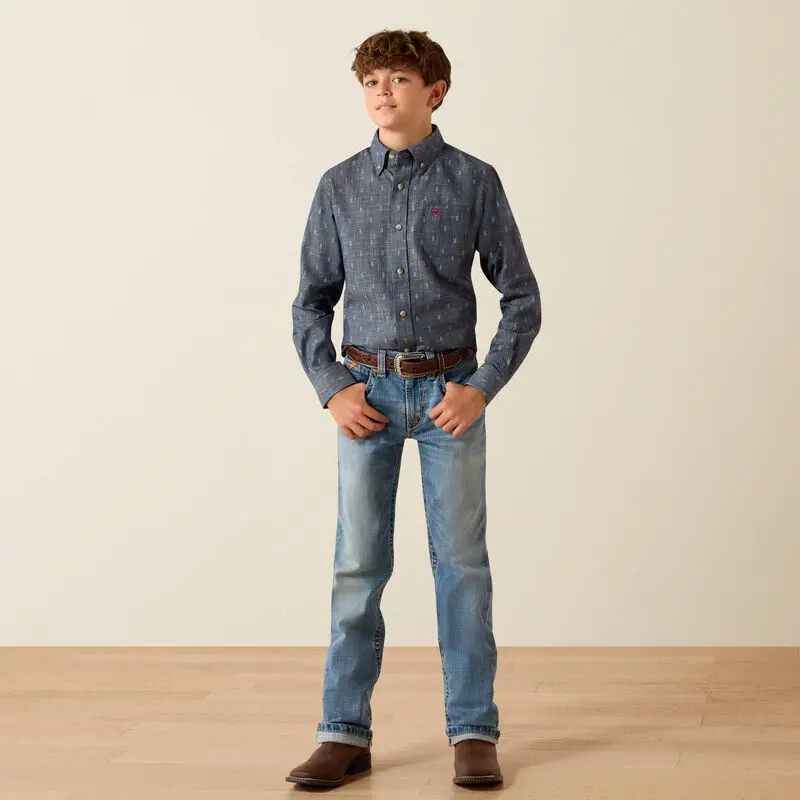 Boys Ariat Teague Chambray Blue Medallion Shirt - 10071680 1