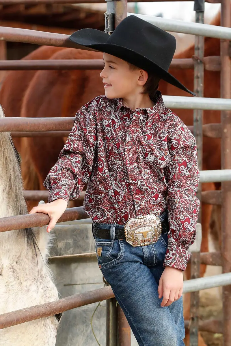 Boys Cinch Burgundy Paisley Long Sleeve Shirt - Mtw7060402 1