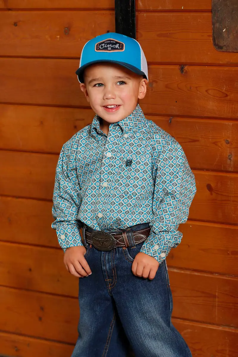 Boys Cinch Geometric Print Button-Down Blue Western Shirt - Mtw7061386 1