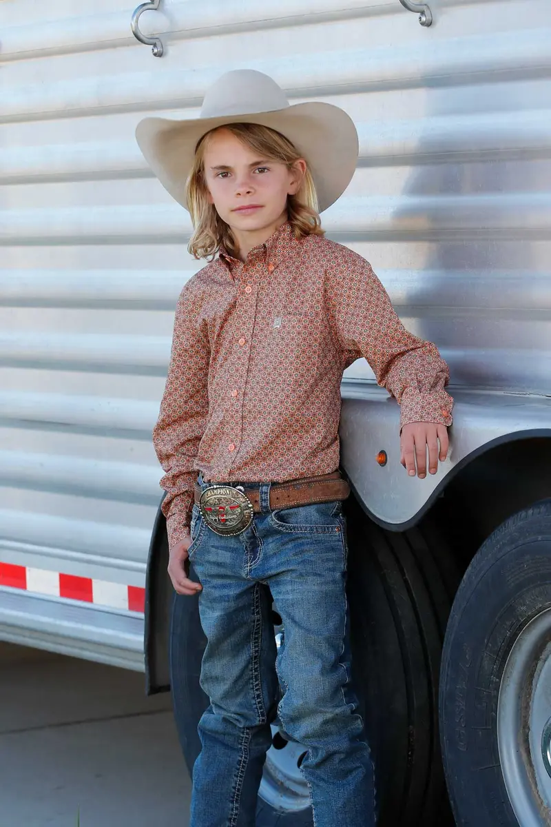 Boy's Cinch Geometric Print Coral Button-Down Western Shirt - Mtw7060389 1