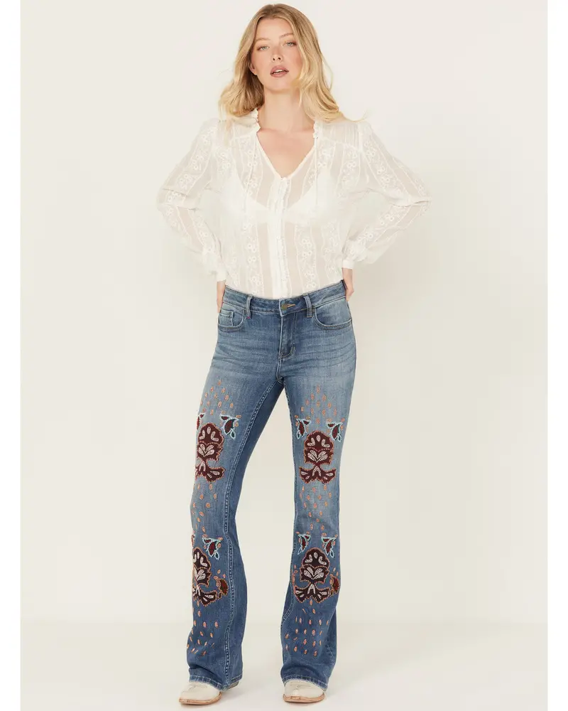 Briley Medium Wash Mid Rise Embellished Stretch Bootcut Jeans 1