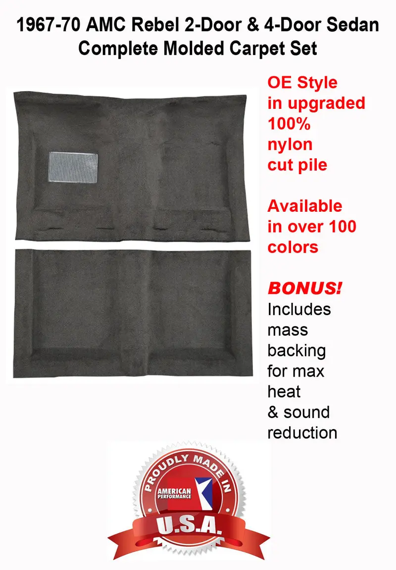 Carpet Set, Oe Correct Molded W/Mass Backing Upgrade, 1967-70 Amc Rebel 2-Door/4-Door Sedan & Convertible (Choose Colors) - Drop Ships In Approx. 2-3 Weeks 1