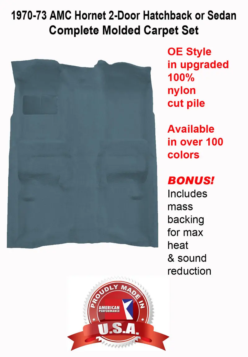 Carpet Set, Oe Correct Molded W/Mass Backing Upgrade, 1970-73 Amc Hornet 2-Door Hatchback Or Sedan - Limited Lifetime Warranty (Choose Colors) - Drop Ships In Approx. 2-3 Weeks 1