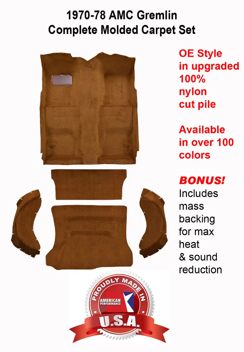 Carpet Set, Oe Correct Molded W/Mass Backing Upgrade, 1970-78 Amc Gremlin (Choose Colors) - Drop Ships In Approx. 2-3 Weeks 1