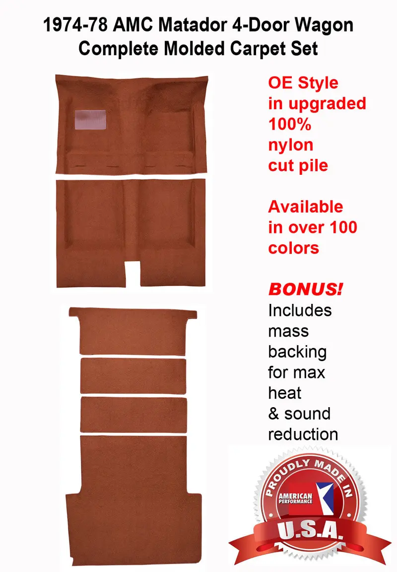 Carpet Set, Oe Correct Molded W/Mass Backing Upgrade, 1974-78 Amc Matador 4-Door Wagon  (Choose Colors) - Drop Ships In Approx. 2-3 Weeks 1
