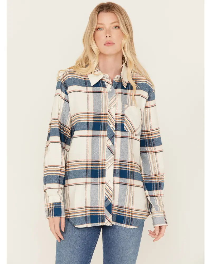 Catherine Lightweight Long Sleeve Pearl Snap Flannel Boyfriend Shirt 1