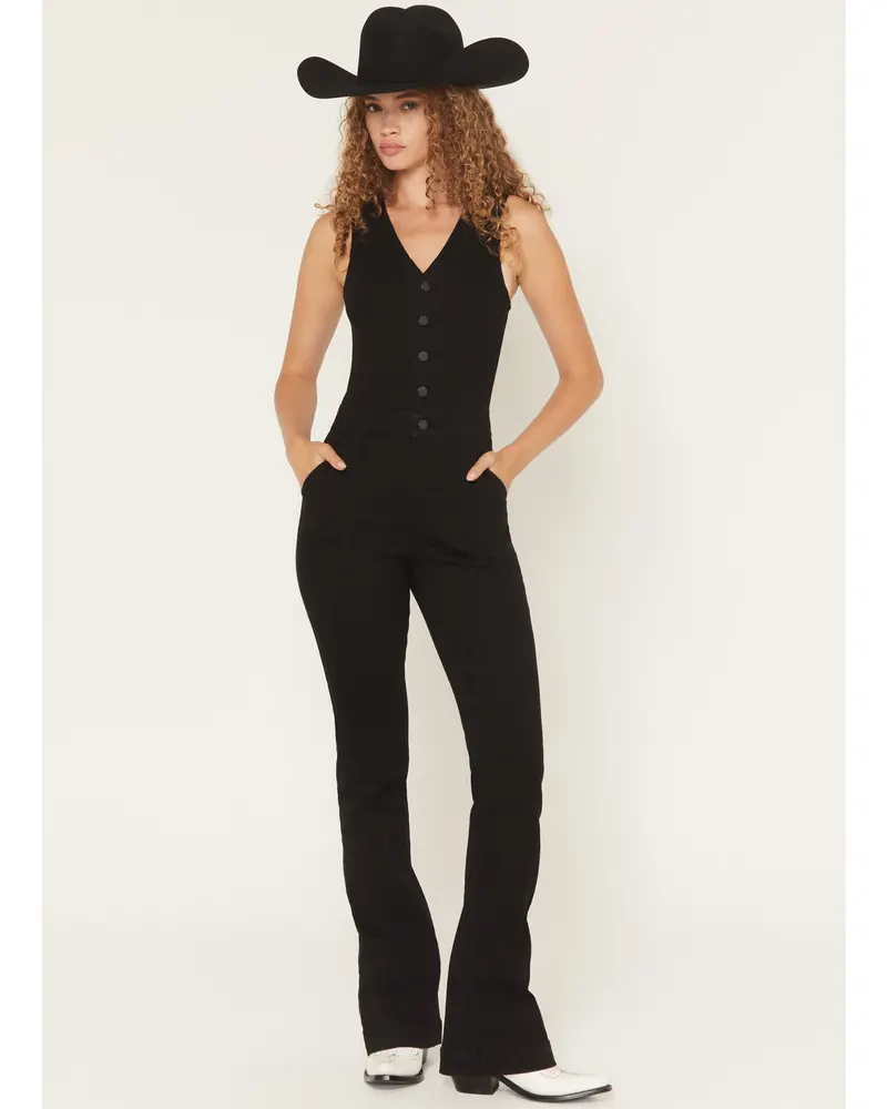 Center Stage Sleeveless Button-Down Stretch Denim Jumpsuit 1