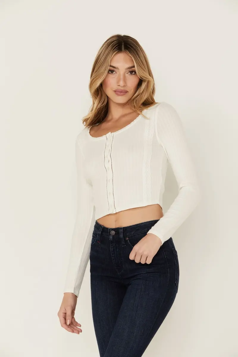 Daisy Trail Ivory Pointelle Button Front Top 1