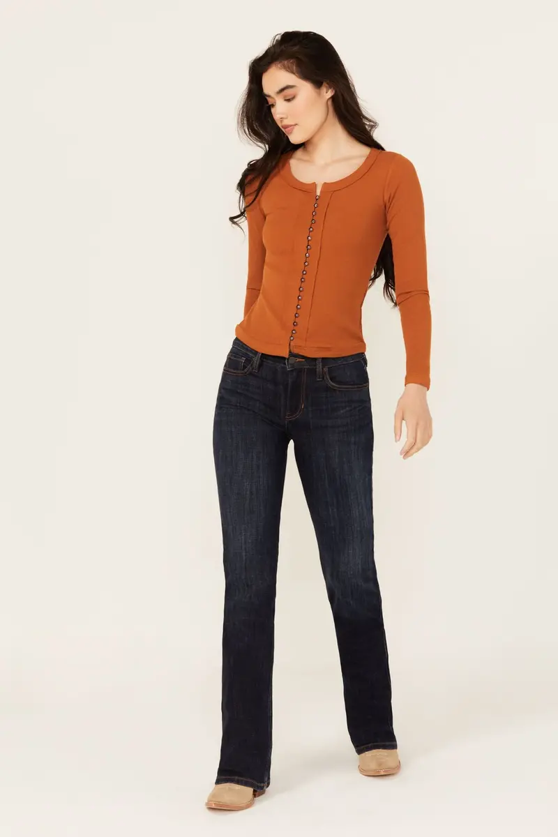 Debbie Rebel Dark Wash Mid Rise Bootcut Stretch Denim Jeans 1