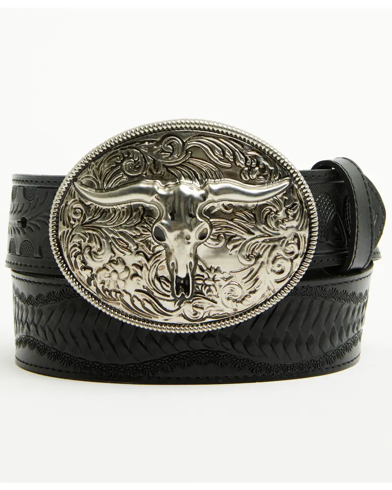 Denver Embossed Leather Steer Head Buckle Belt 1