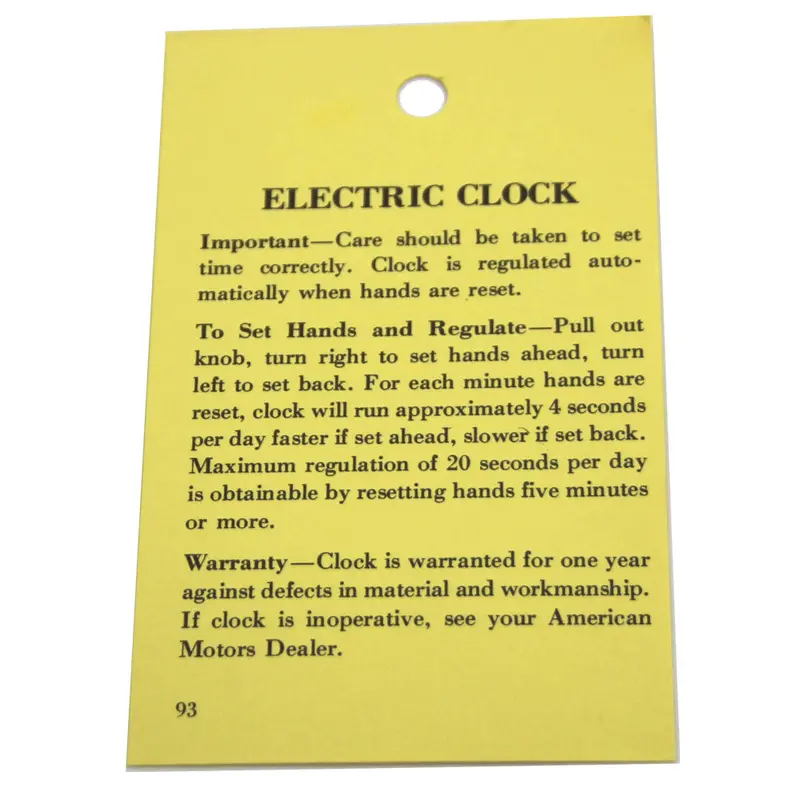 Electric Clock Instruction Tag 93, 1958-64 Rambler 1