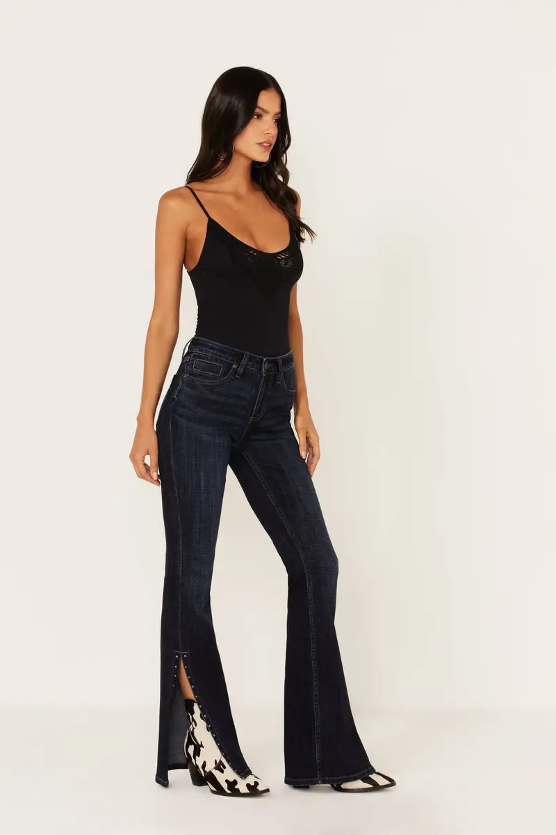 Elliston Dark Wash Mid Rise Studded Slit Bootcut Jeans 1