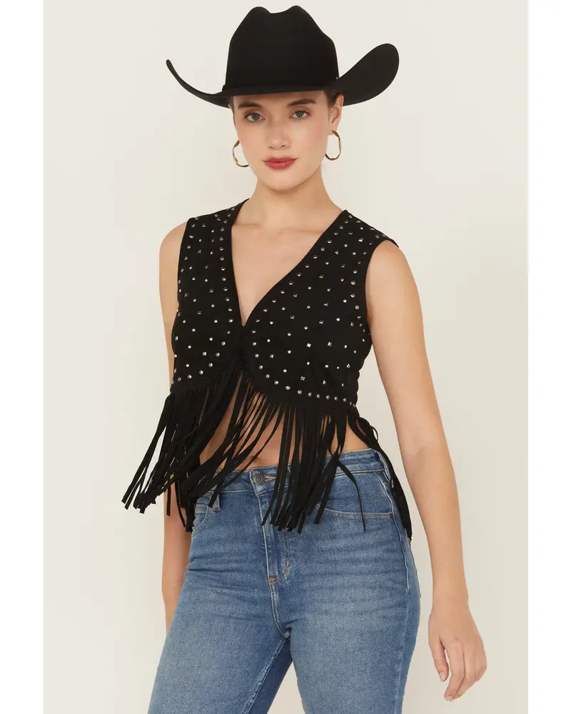 Embellished Faux Suede Cropped Fringe Vest 1