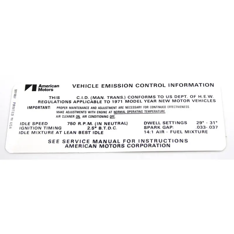 Emission Decal, 199 6 Cylinder Manual Transmission, 1970 Amc 1