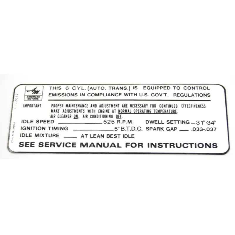 Emission Decal, 199 6-Cylinder W/Automatic Transmission, 1968-69 Amc 1