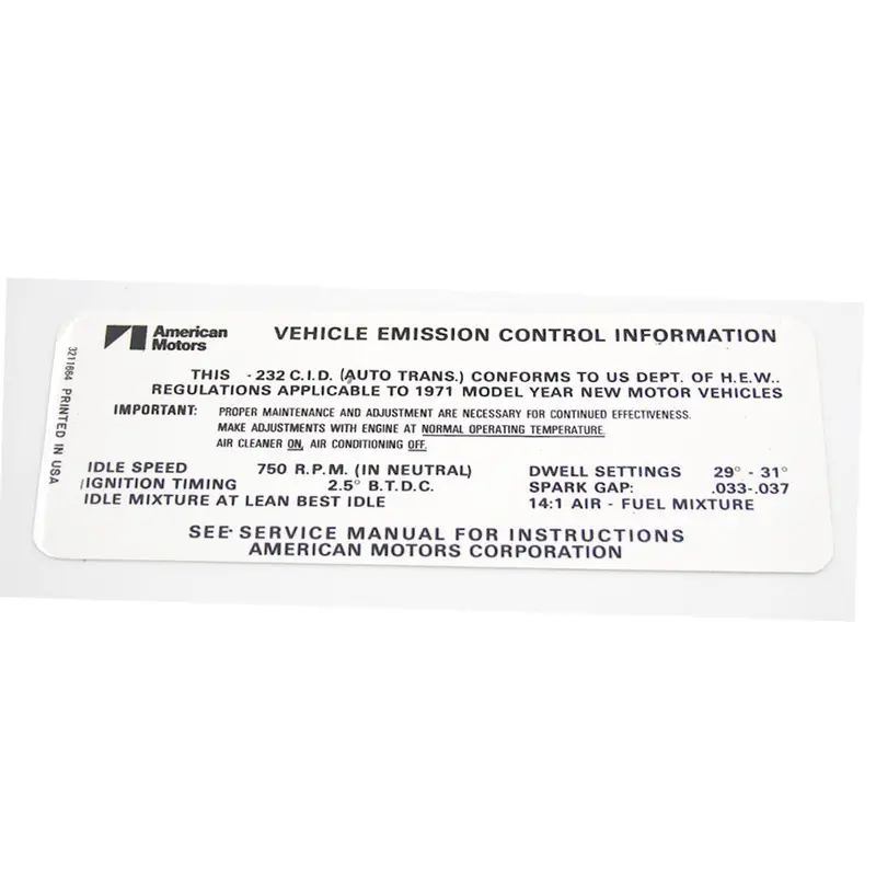 Emission Decal, 232 6 Cylinder Automatic Transmission, Except California, 1971 Amc 1