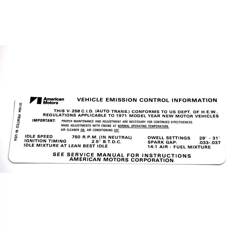 Emission Decal, 258 6-Cylinder Automatic Transmission, Except California, 1971 Amc 1