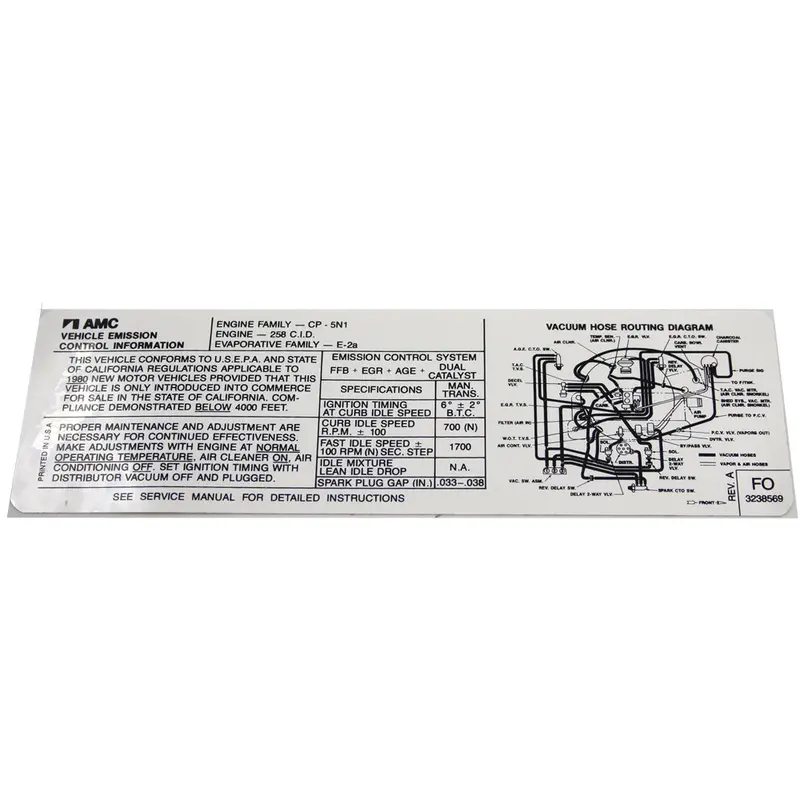 Emission Decal, 258 C.I.D. Manual Transmission, California, Fo 3238569, 1980 Amc/Eagle 1