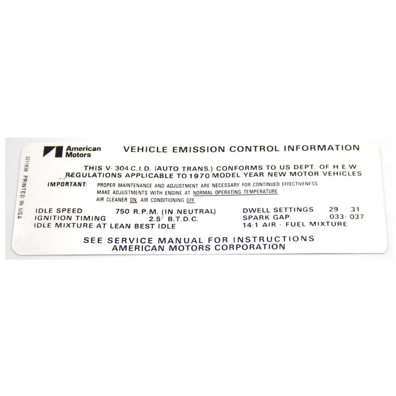 Emission Decal, 304 V-8 Automatic Transmission, 1970 Amc 1