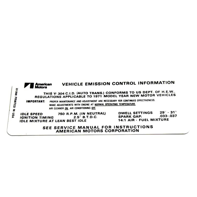 Emission Decal, 304 V-8 Automatic Transmission, 1971 Amc 1