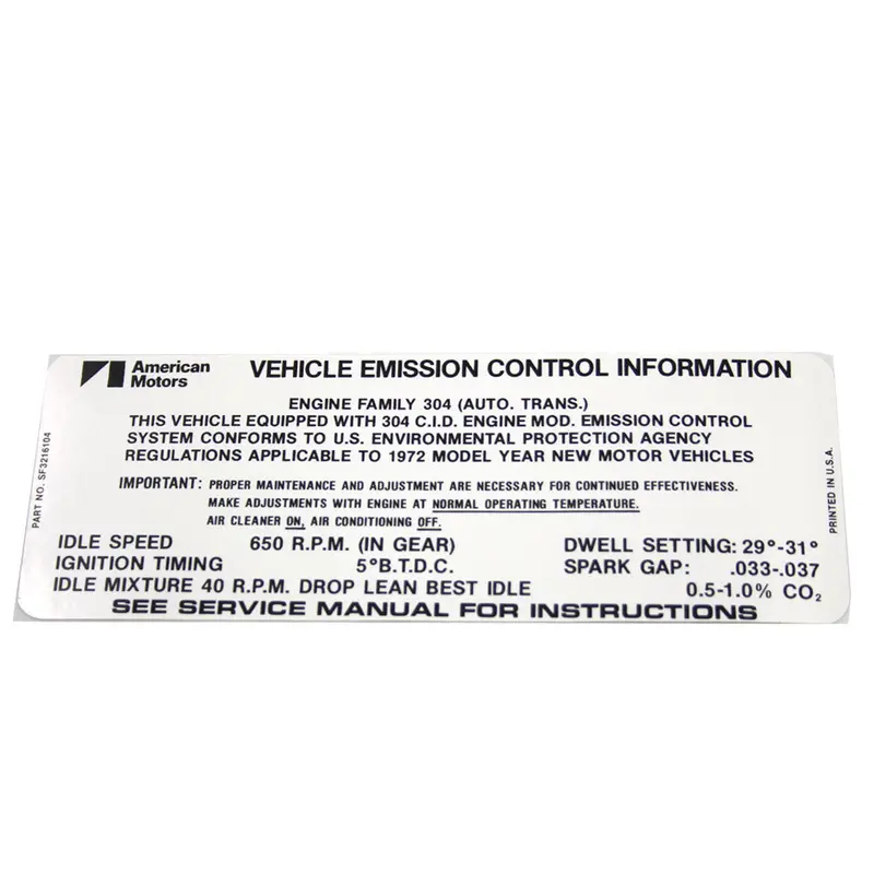 Emission Decal, 304 V-8 Automatic Transmission, Sf 3216104, 1972 Amc 1