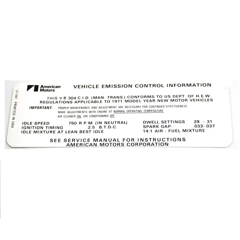 Emission Decal, 304 V-8 Manual Transmission, 1971 Amc 1