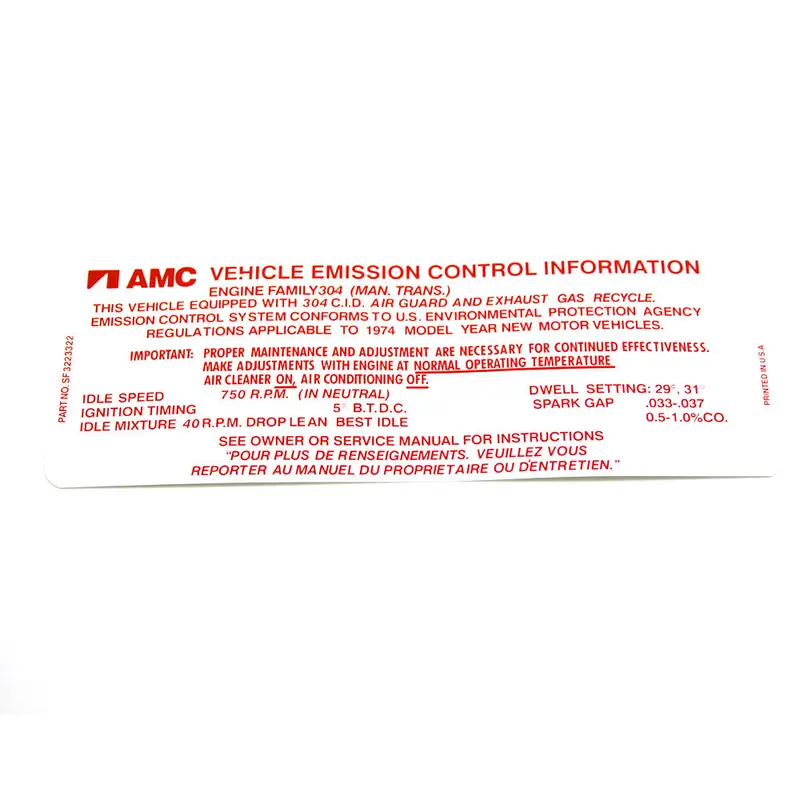 Emission Decal,  304 V8, Manual Transmission, Sf 3223322, 1974 Amc 1