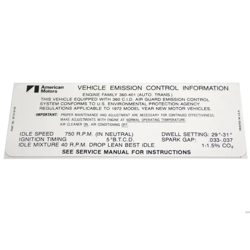 Emission Decal, 360 V-8 Automatic Transmission, 3216108, 1972 Amc 1