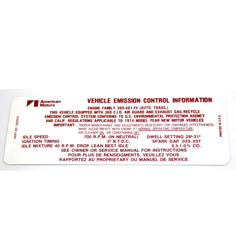 Emission Decal, 360 V-8 Automatic Transmission, 3223316, 1974 Amc 1