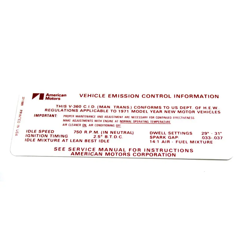 Emission Decal, 360 V-8 Manual Transmission, 1971 Amc 1