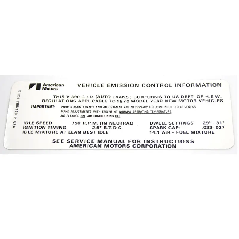 Emission Decal, 390 V-8 Automatic Transmission, 1970 Amc 1