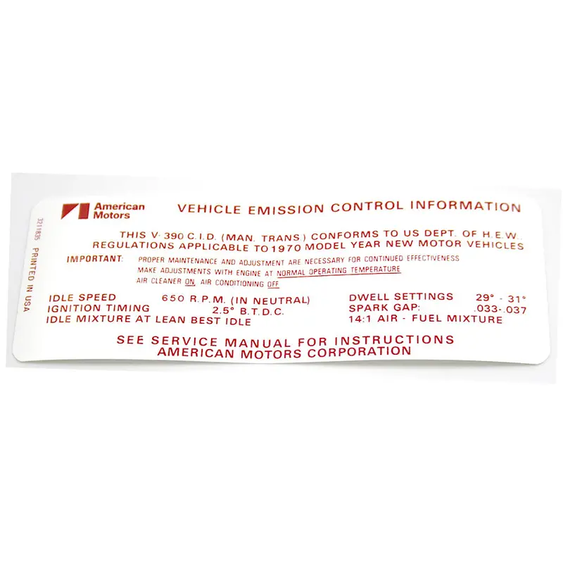 Emission Decal, 390 V-8 Manual Transmission, 1970 Amc 1