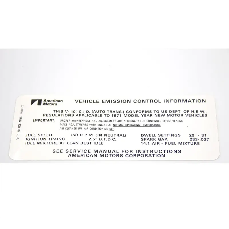 Emission Decal, 401 V-8 Automatic Transmission, 1971 Amc 1