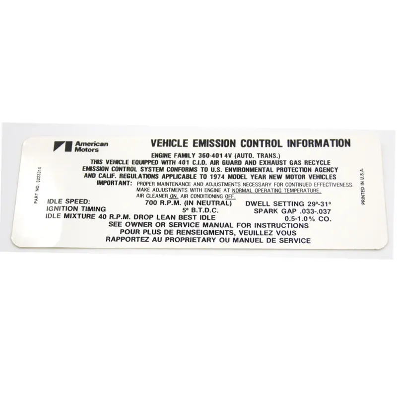 Emission Decal, 401 V-8 Automatic Transmission, 3223315, 1974 Amc 1