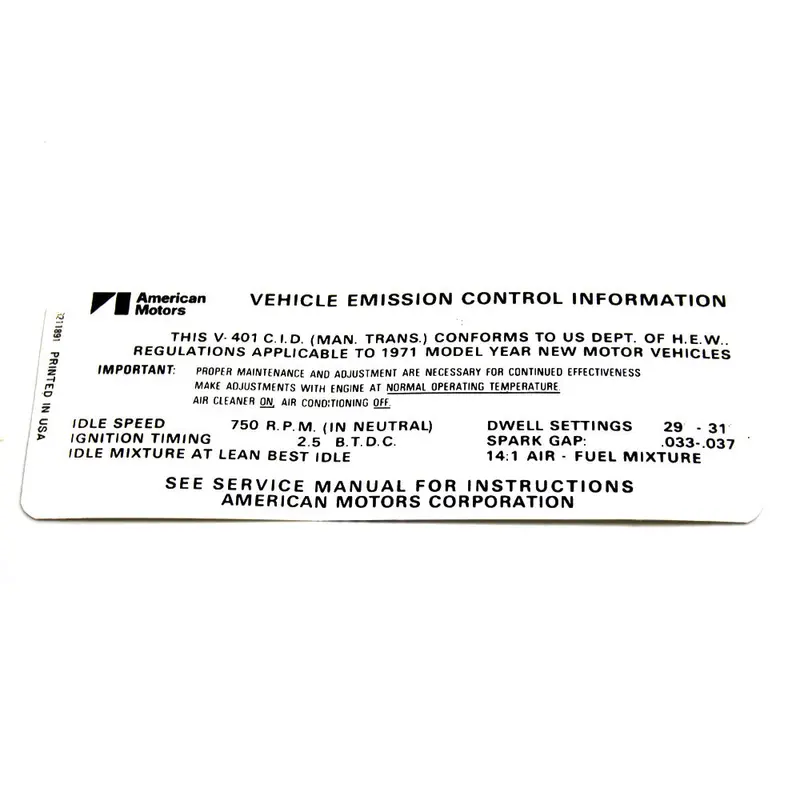 Emission Decal, 401 V-8 Manual Transmission, 1971 Amc 1