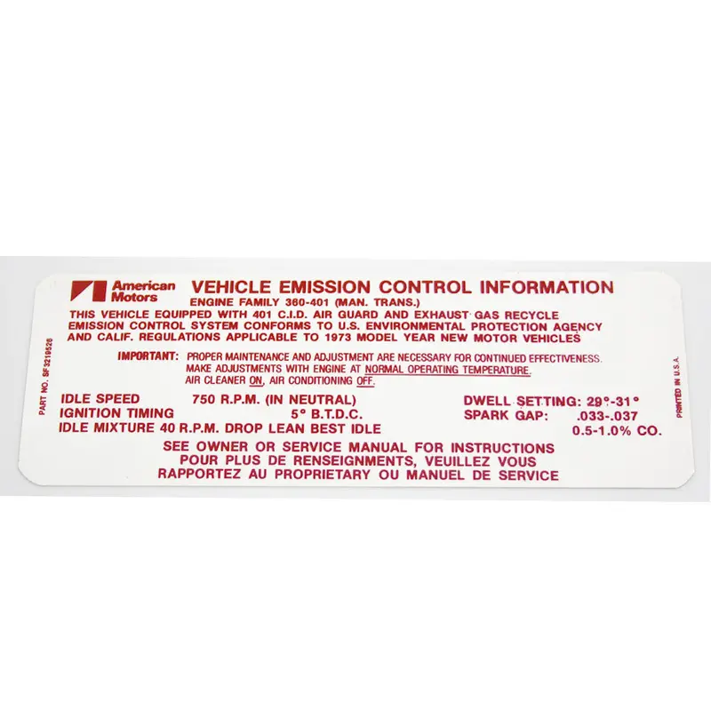 Emission Decal, 401 V-8 Manual Transmission, 3219526, 1973 Amc 1